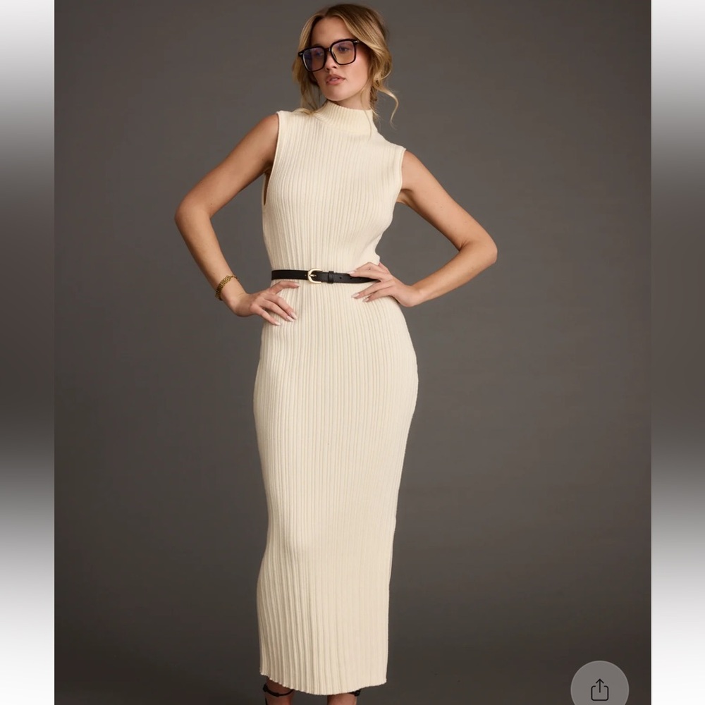 12th Tribe: Ruth Cream Turtleneck Sleeveless Sweater Midi Dress